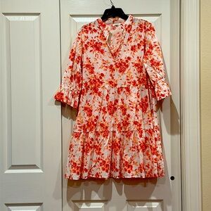 Be Boho Cotton Tiered V-Neck Women’s Dress in Coral & White
